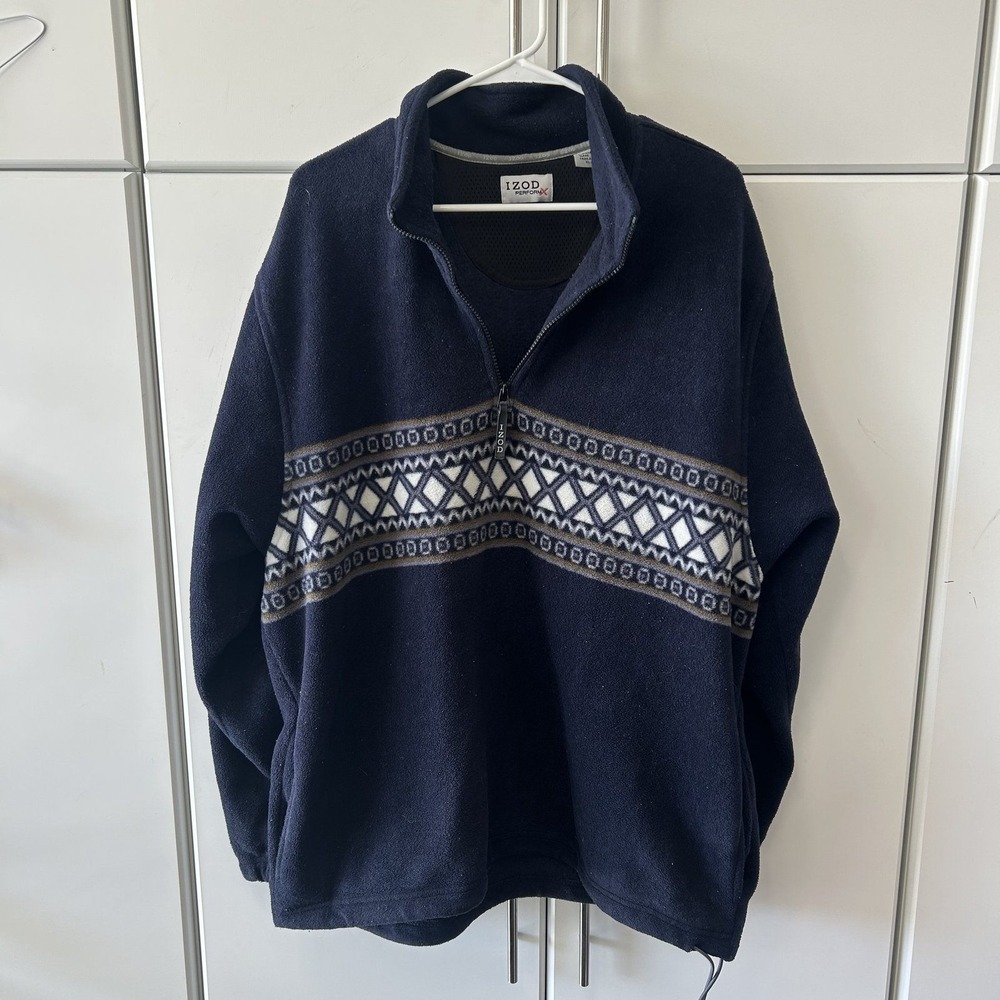 IZOD PerformX Navy Blue Fleece Quarter Zip Pullover Geometric Band Mens XL